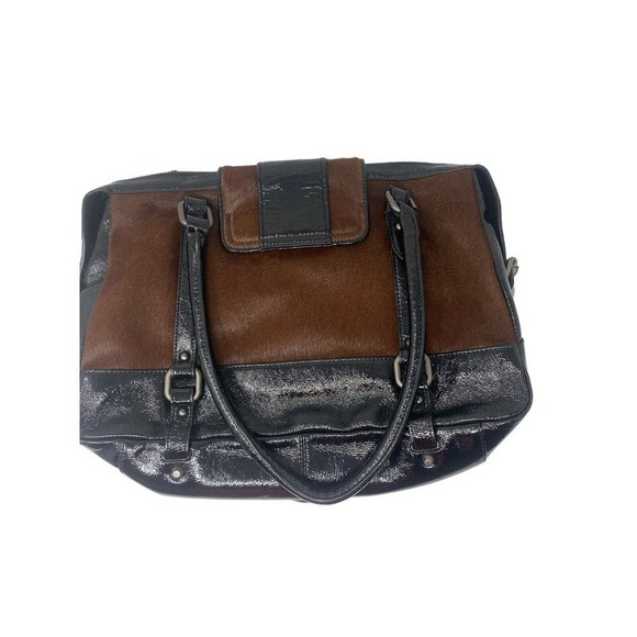 KENNETH COLE Shoulder Bag Tote Carryall Laptop Patent Leather Pony Cow Hair New - Picture 2 of 6